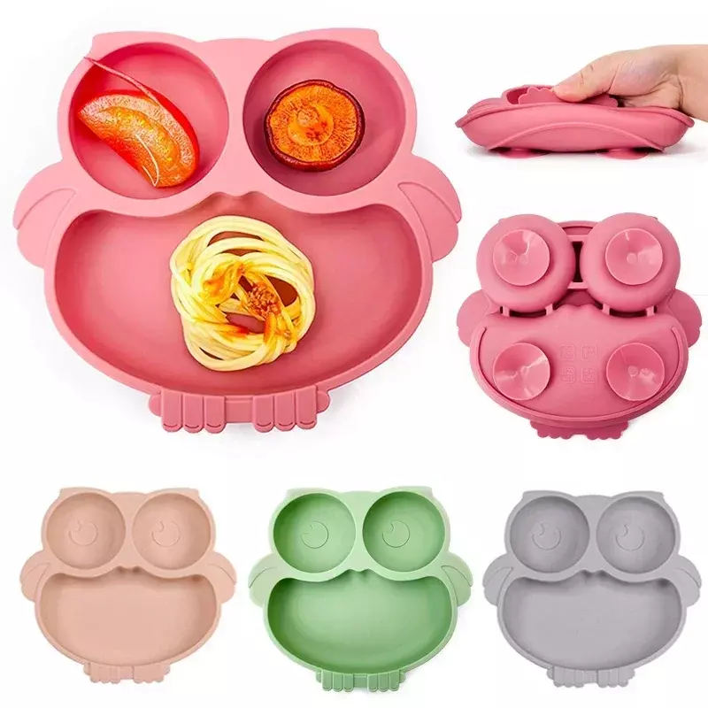 BPA Free Silicone Baby Dining Plate Cute Owl Children Dishes Suction Plates for Toddlers Baby Training Feeding Sucker Bowl