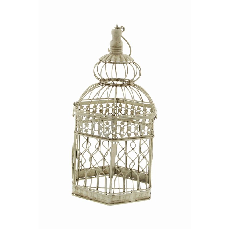 Cream Vintage Metal Birdcage with Crisscross Vertical Bars and Floral Embossed Design, Set of 2 21", 18"H