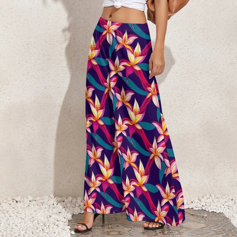 Женские широкие брюки с завышенной талией, эластичные брюки с цветочным принтом, в уличном стиле 90-х