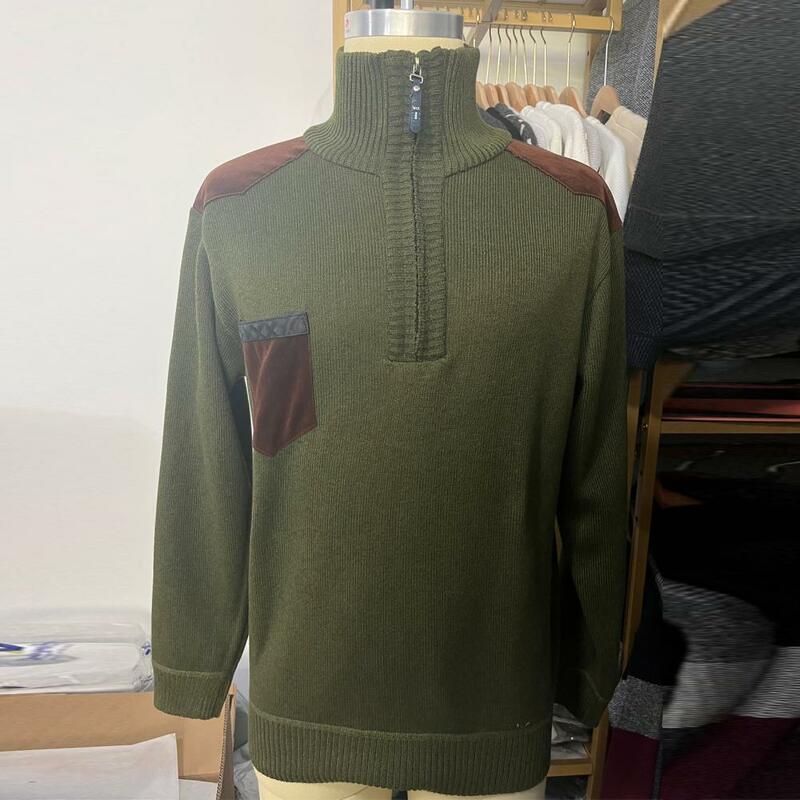 Zimowy sweter patchworkowe kieszeń pół-wysoki kołnierz Vintage Retro zamek na drutach ciepły elastyczna dzianina sweter na odzież na co dzień