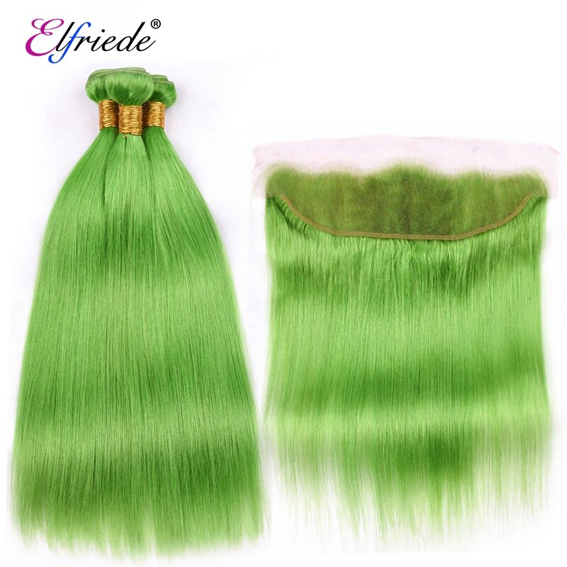 Elfriede # fasci di capelli lisci verdi chiari con frontale 100% capelli umani Sew-in trame 3 fasci con frontale in pizzo 13x4