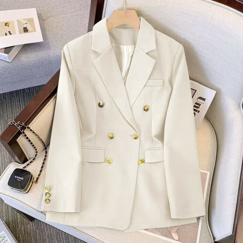 Blazer de peito duplo feminino, cardigã grande, casaco solto, blusa de manga comprida, bolsos finos, monocromático, senhoras do escritório, moda