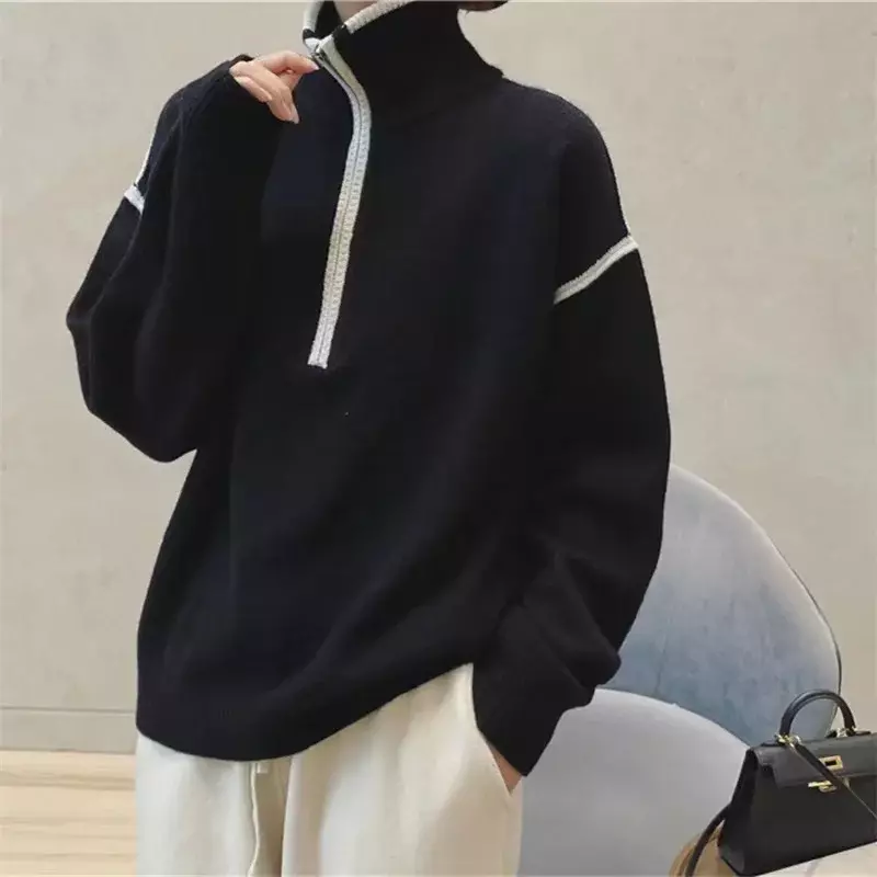 Casual patchwork color half zipper turtleneck cashmere sweater women fall winter pullover sweater loose knit sweater