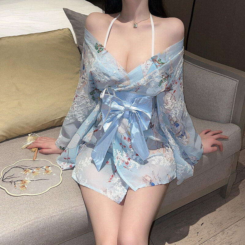 Bielizna erotyczna Kimono Yukata komplet mundur uwodzenie nadruk japońska kokardka seksowna japońska piżama nowość