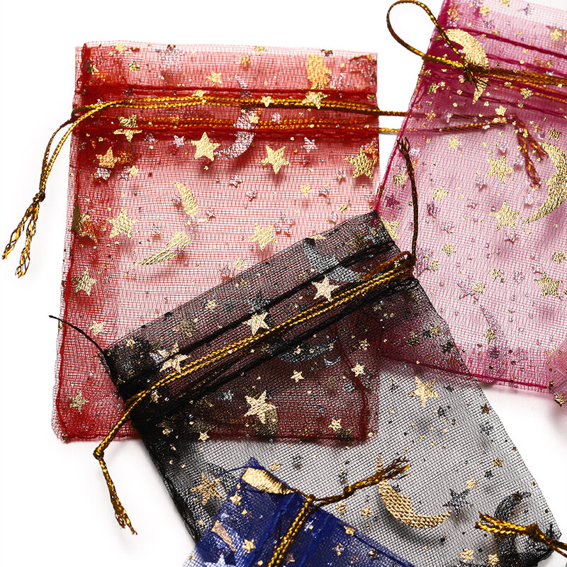인쇄 스타 문 크리스마스 오간자 자루 드로스트링 참 포장 가방, 매일 보석 만들기, 7x9, 9x12, 10x15, 13x18cm, 50 개/로트