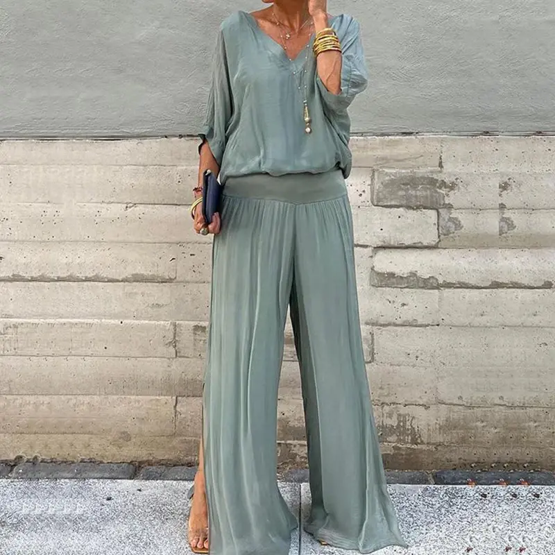 Casual Loose Street Two Piece Sets Ladies Sexy V-neck Short Sleeved Top and Pants Suits Summer Thin Chiffon Comfortable Outfits