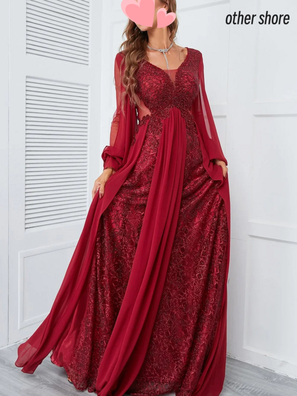 Oisslec-Red Lace Applique Ruffle V-Neck Dress, Elegante vestido vintage, Ocasião formal, Vestido de formatura, Vestidos de festa, Sexy, Personalizar