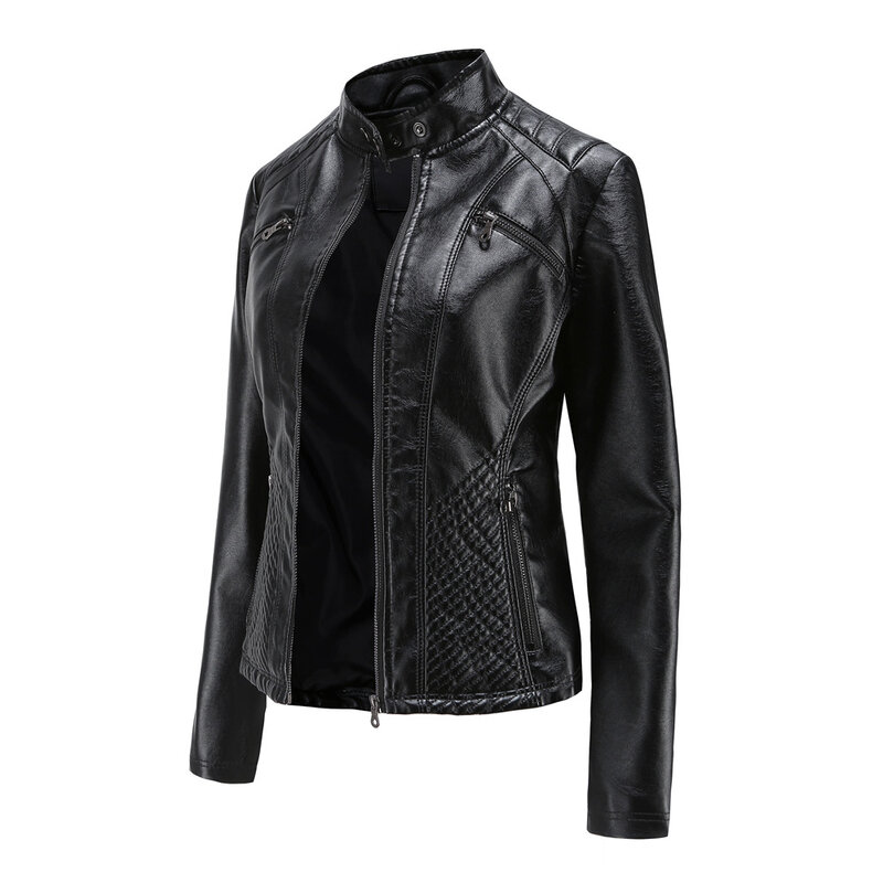 Jaqueta de couro PU para motociclista feminina, gola analógica, casaco com zíper, tendência simples na moda outono e inverno