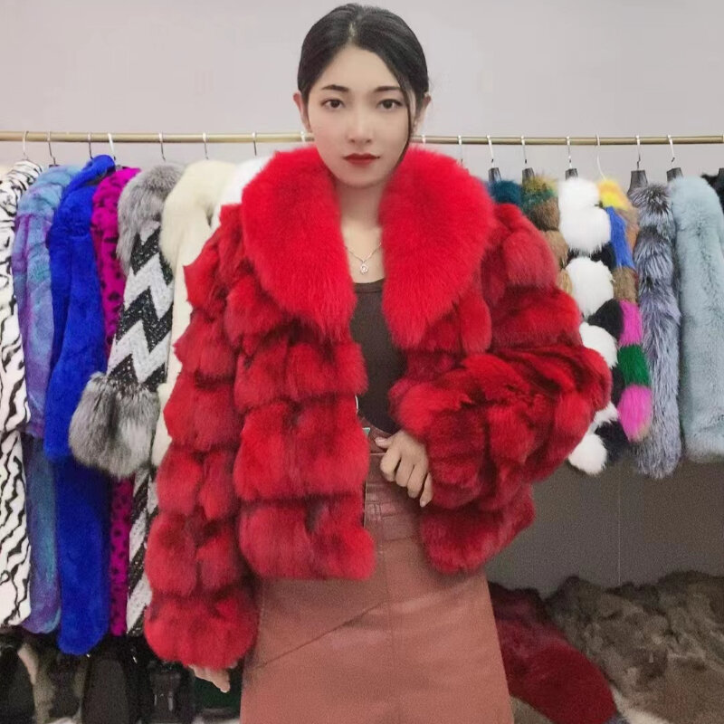 Hot Sale New Winter Women 100% Natural Fur Jacket Fox Fur Collar Real Fox Fur Coat Fashion Luxury Thick Warm Lady Outerwear