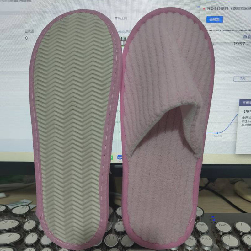 1 Pair Disposable Slippers  Women Men Hotel Guest Indoor Slipper Solid Color Soft Coral Fleece Closed Toe Non-Slip Slippers