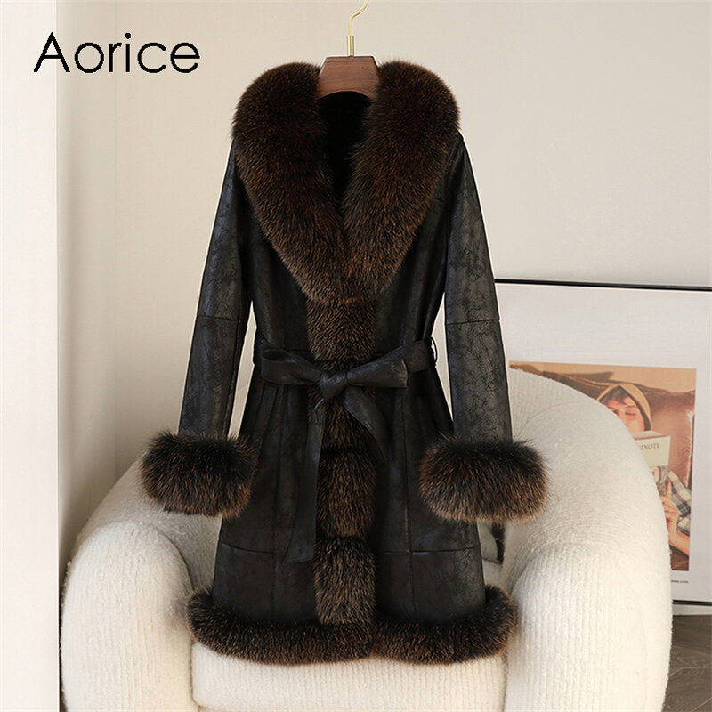 Aorice-abrigo largo de piel de conejo para mujer, chaqueta con cuello de piel de zorro, Parka de talla grande CT275