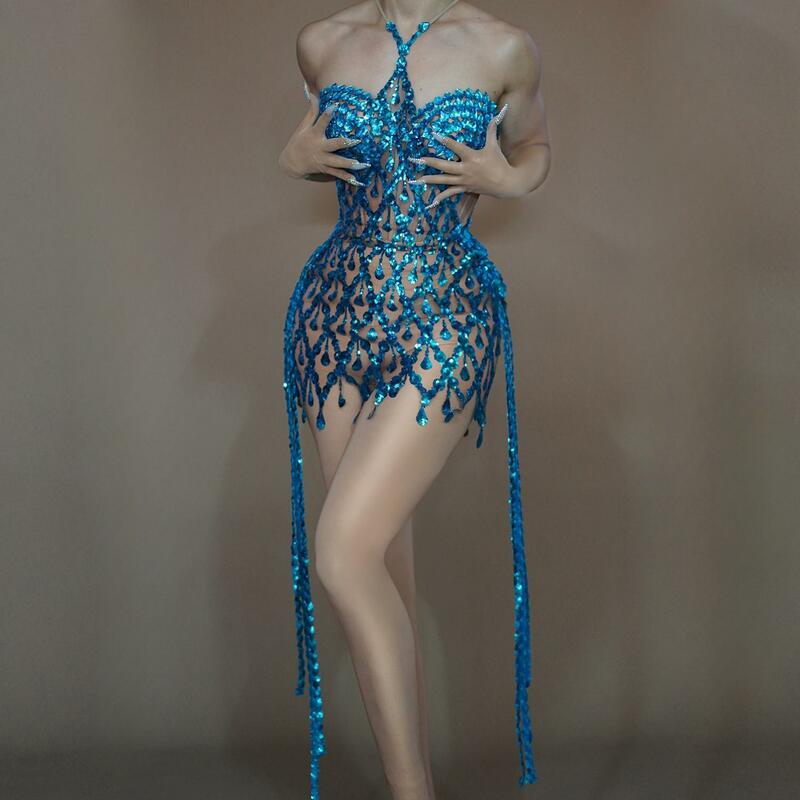 Mini vestido de cristal azul brilhante feminino, vestidos de festa sexy, fantasias de performance de palco, baile formal, noite