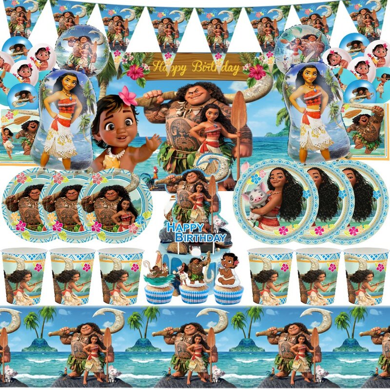 Disney-Moana Maui Balões infantis descartáveis, utensílios de mesa para o chuveiro do bebê, decoração de aniversário, material de festa para meninas