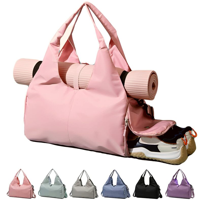 Bolsa de ginástica esportiva feminina com suporte de esteira de ioga, bolsa de bagagem impermeável, bolsa multifuncional Yoga Gym, bolsos secos úmidos
