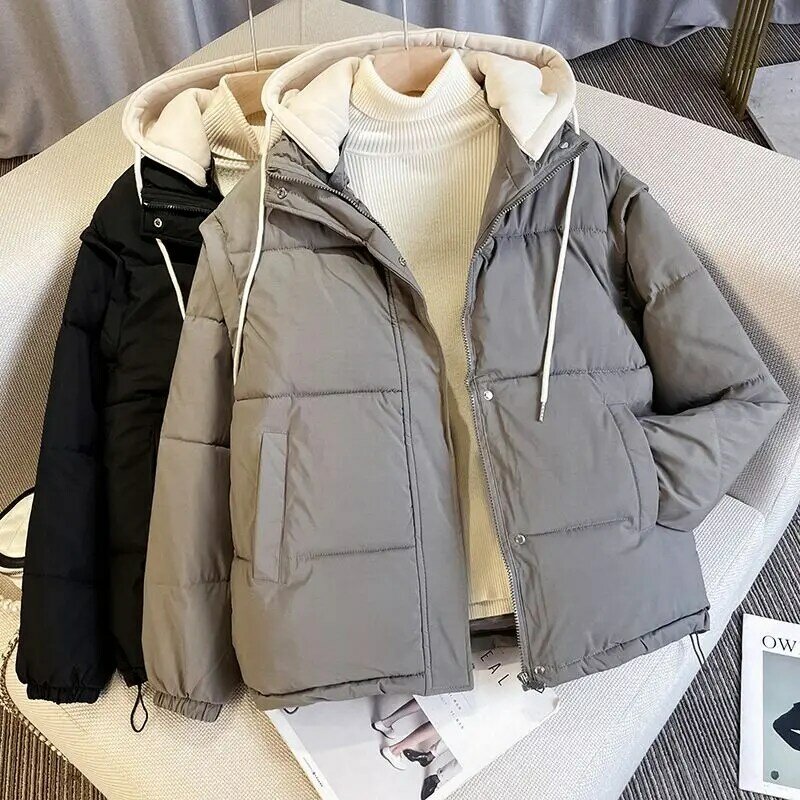 Zimowe ciepłe 2023 modne bawełniane wyściełane kurtki kobiety na co dzień w stylu Boyfriend luźne płaszcz ze sznurkiem do ściągania z kapturem płaszcz wiatroszczelny