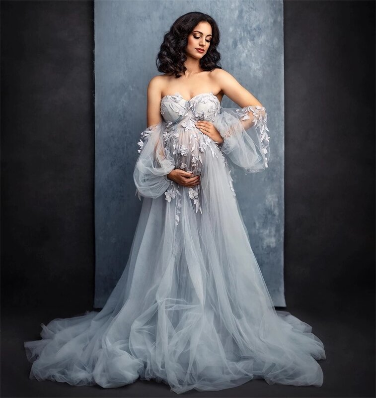 Vestido de maternidade para sessão fotográfica, aplique floral 3D sem ombro, vestido de noiva cinza e azul, chá de bebê, mulheres grávidas