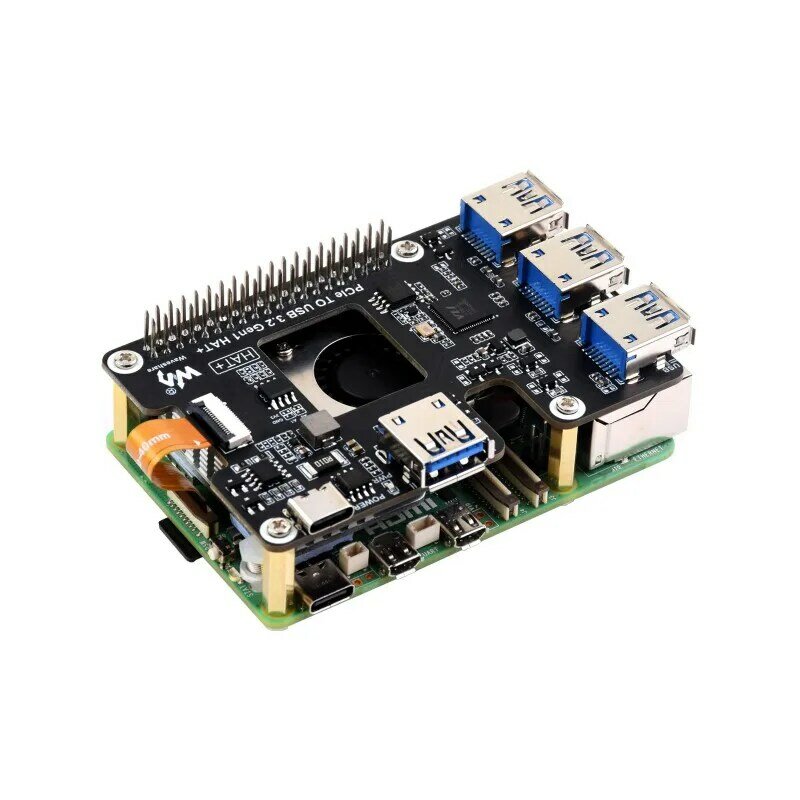 PCIe a USB 3,2 Gen1 HAT para Raspberry Pi 5, PCIe a USB HUB, 4 puertos USB de alta velocidad, SIN controlador, plug and play HAT + estándar