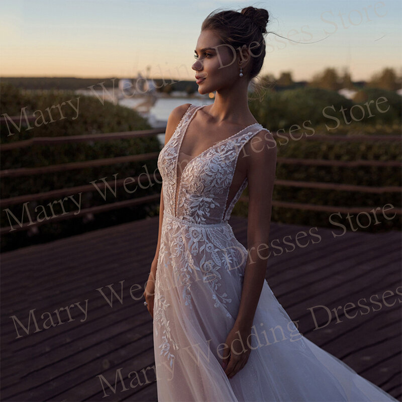 Женское свадебное платье без рукавов, винтажное кружевное платье А-силуэта с V-образным вырезом, открытой спиной и аппликацией, 2019