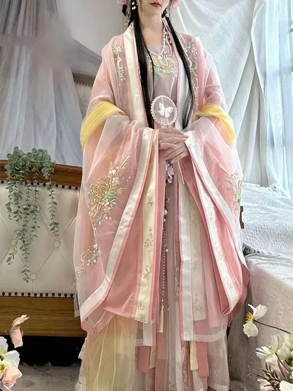 Ancient Traditional Chinese Style Women Elegant Hanfu Dress Fairy Embroider Stage Folk Dance Costume Retro Song Dynasty Clothes
