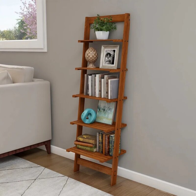 5-Tier Bookshelf - Leaning Ladder Shelf for Display (Cherry)