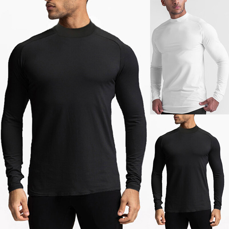 Pulôver de manga longa de gola alta masculino, roupa interior térmica, camiseta casual, camiseta esportiva fina respirável, top quente
