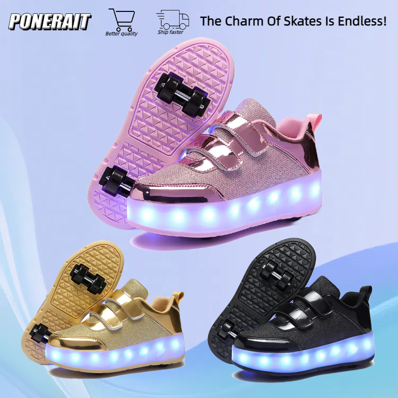Sapato infantil de patins, dupla finalidade, profissional, fileira dupla, LED, cadarço, iluminação, esportes, ao ar livre