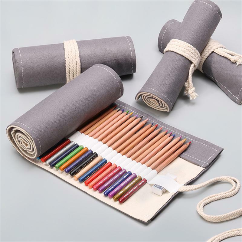حقيبة أقلام قماشية لتخزين القرطاسية ، مقبس مطاطي رمادي ، خيط ثابت ، توفير مساحة ، 12 فتحة ، توفير مساحة
