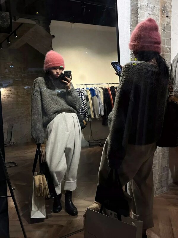 Chic donna Casual tasche larghe pantaloni tuta di lana autunno inverno vita alta addensare pantaloni Harem solidi da donna coreana WP49