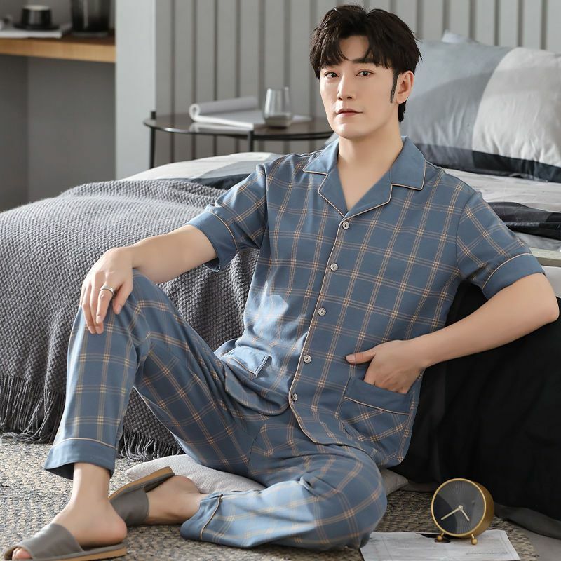 Indumenti da notte in cotone di grandi dimensioni da uomo Cardigan a maniche corte pantaloni pigiama set bottone Homewear Loungewear set sciolto abbigliamento sportivo coreano