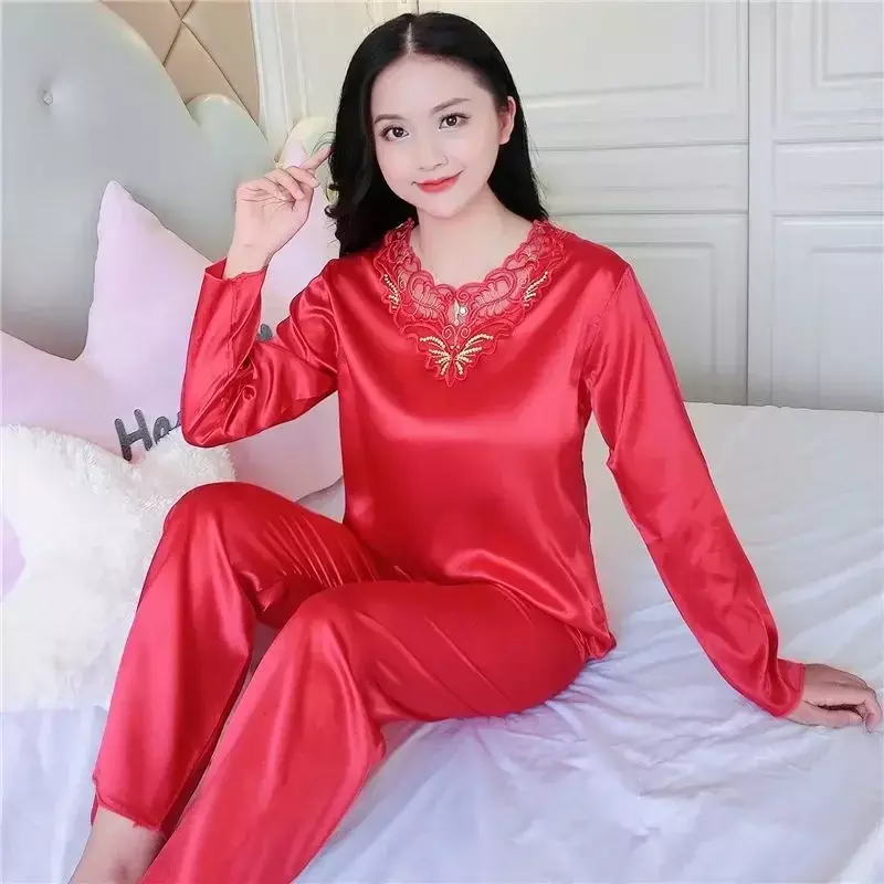 Large size pajamas for women, spring and autumn styles, ice silk thin style, sexy long sleeved home clothing set, summer
