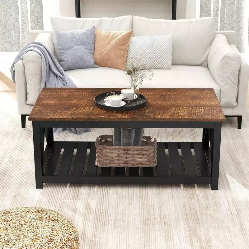 Schwarzer Couch tisch, ländlicher Retro-Tisch mit Wohnzimmer regal, 40 Zoll Couch tisch
