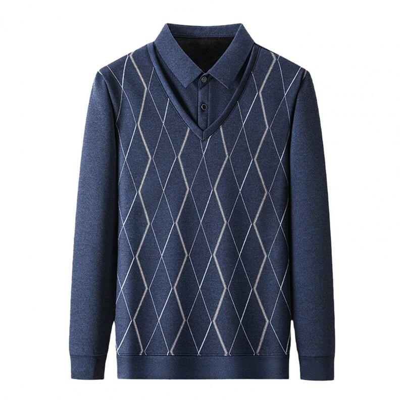 Męski sweter biznesowy męski romb z nadrukiem sztuczny dwuczęściowy sweter ciepły dziergany sweter na jesień zimę Slim Fit dla osób w średnim wieku