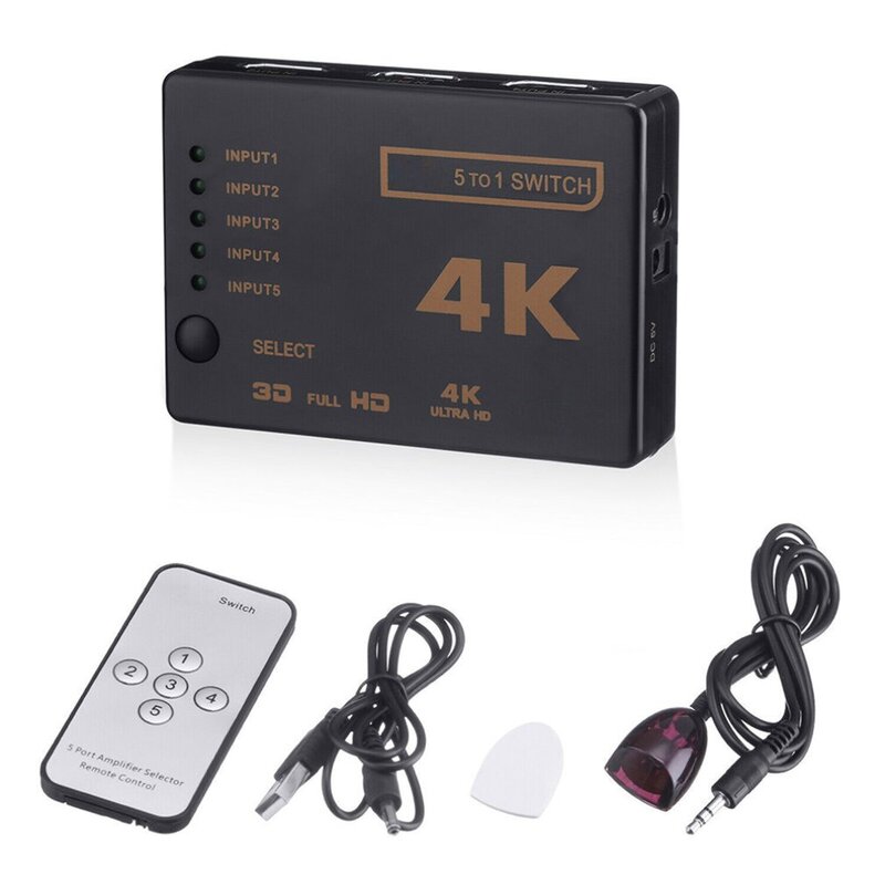 1 компл., 5-портовый UHD 3D 4K 1080p HDMI-совместимый сплиттер, переключатель, концентратор, ИК-пульт дистанционного управления, HDTV-концентратор, инфракрасный пульт дистанционного управления