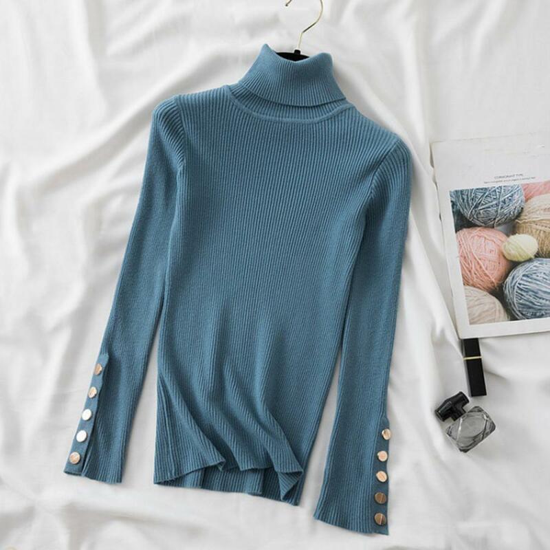 High Collar Button Top High Collar Slim Fit Knitted Sweater for Women with Long Sleeves Neck Protection Fall Winter Solid Color