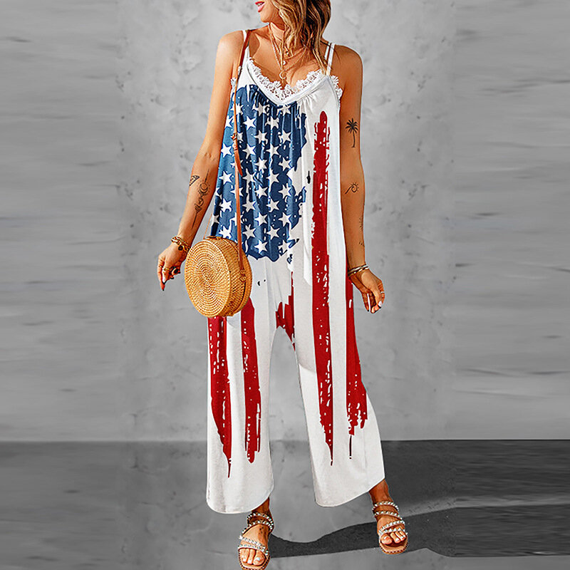 Комбинезон женский летний из 9 предметов, кружевные штаны с принтом в виде флага, без рукавов