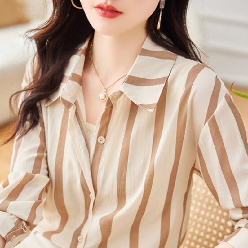 Women's Summer 2024 New Patchwork Turndown Collar Button Stripes Fashion Loose Office Lady All-match Long Sleeved Blouses Shirts