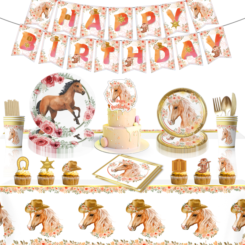 Perlengkapan makan kertas dekorasi pesta kuda, piring serbet cangkir kuda balon ulang tahun perlengkapan pesta mandi bayi kuda