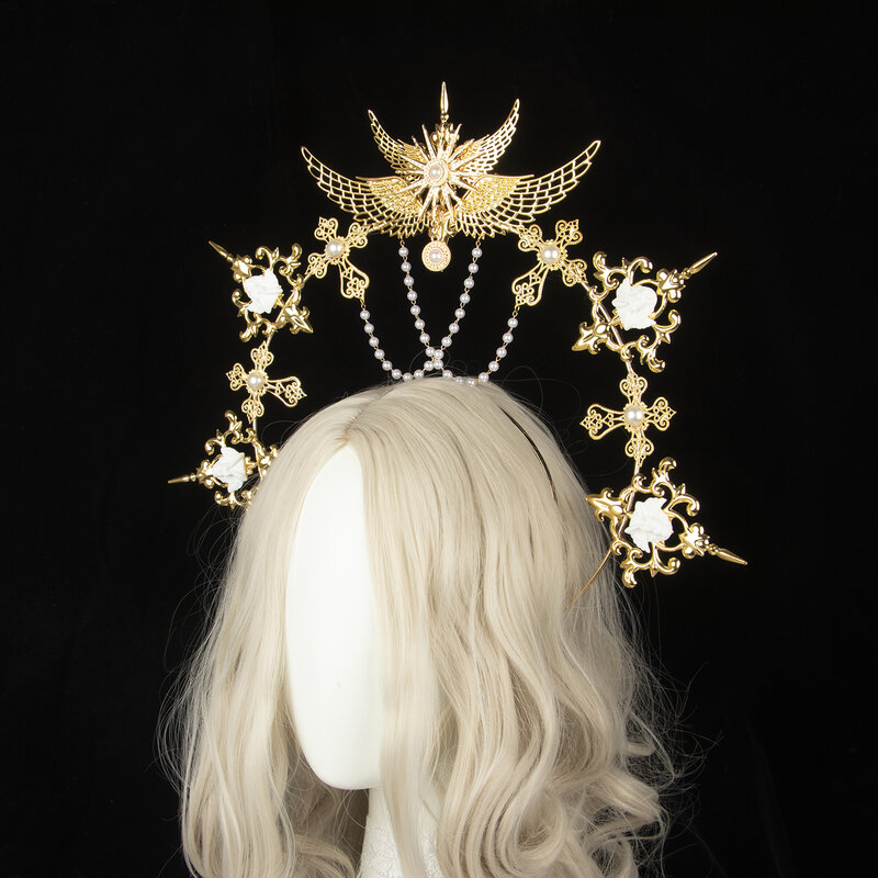 Gotico Lolita KC gotico oro Halo ali d'angelo sole madrina vergine maria dea copricapo catena di perline accessori per capelli sposa