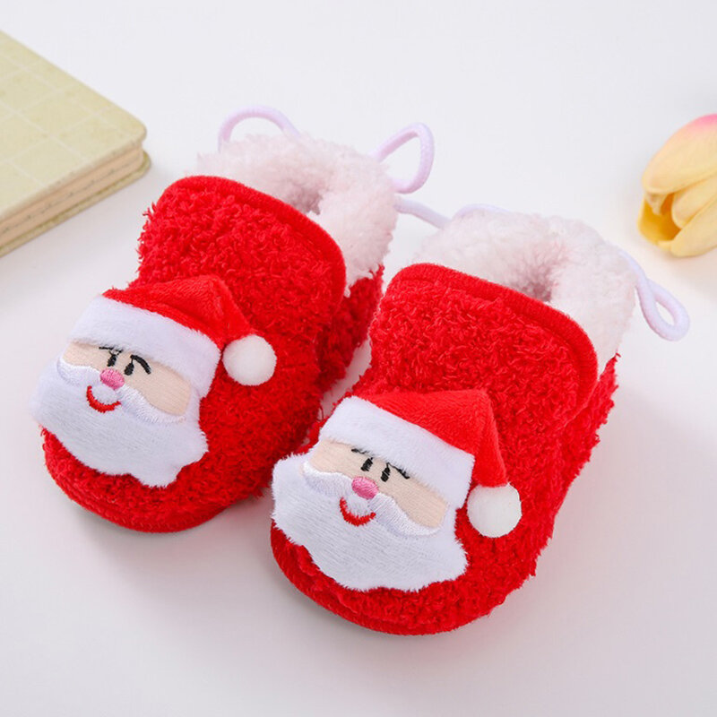 VISgogo-zapatos navideños para bebé, zapatillas planas antideslizantes de suela suave para caminar, Papá Noel, muñeco de nieve, alce, Invierno