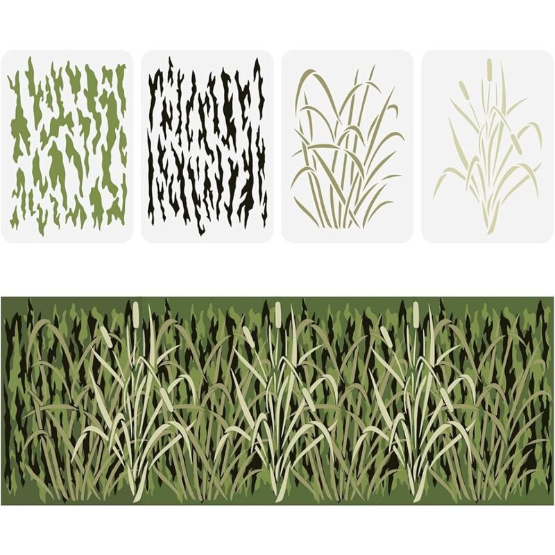 Bark Camouflage Stencil 11.7x8.3 inch Camouflage Grass Bark Reed Pattern Stencils Plastic Wall Camo Stencil Kit Reusable