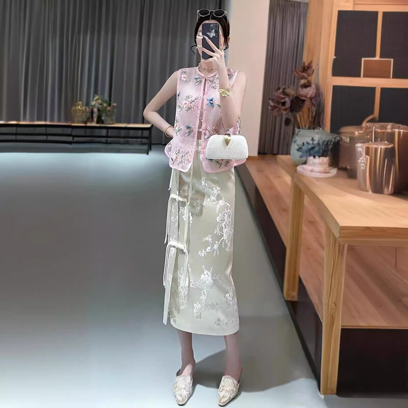 Falda Jacquard de estilo chino Vintage para mujer, falda Hanfu elegante y ajustada, de alta calidad, para primavera y verano, S-XXL