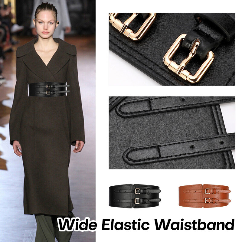 Luxury Women's Leather Wide Belt Vintage Pin Buckle Elastic  Waistband For Ladies Dress Overcoat Decorative Corset Girdle 