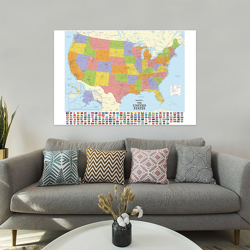 Mapa Vintage da América com bandeira do país, tecido não tecido, cartaz de arte, escola, viagem, estudo, sala de estar, decoração, 100x70cm
