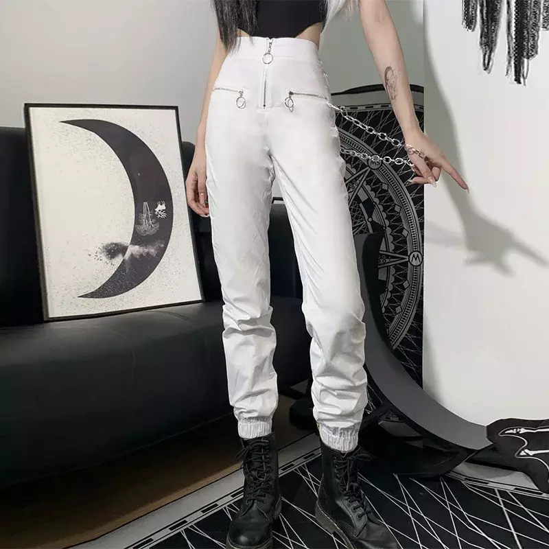 สไตล์โกธิคสไตล์ฮาราจูกุมีซิปสตรีทแวร์กางเกงลำลองทรงฮาเร็มกางเกงขายาวสีดำล้วนกางเกงฮิปฮอปแฟชั่นสุดเท่