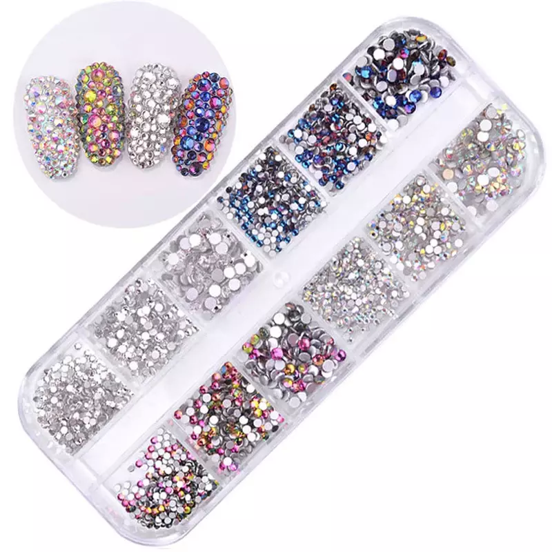 12 Kotak/Set Dekorasi Seni Kuku Glitter 3D Permata Berlian Imitasi Kristal AB Kecantikan