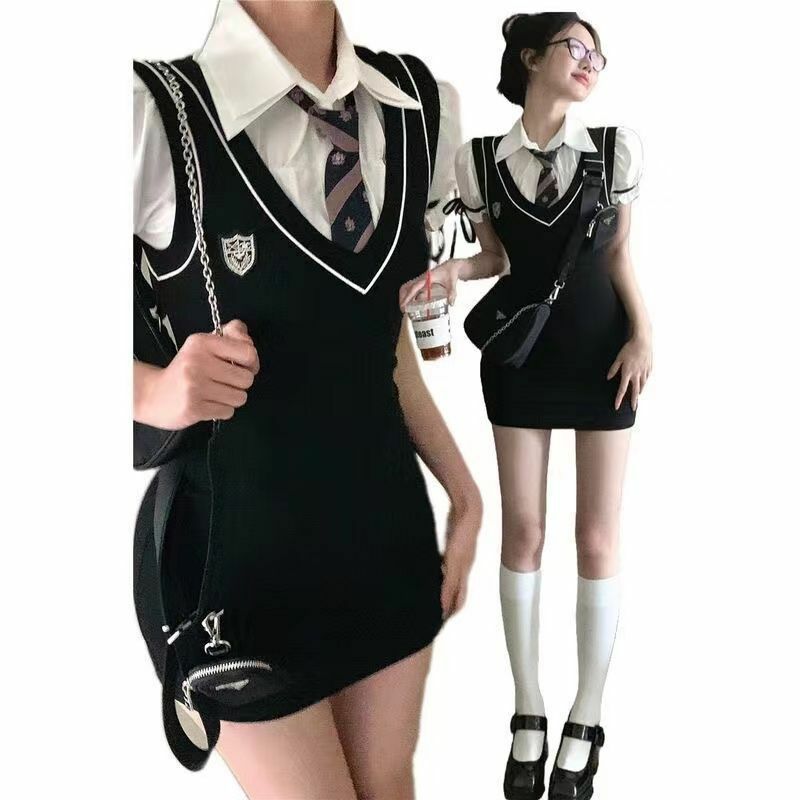 Острые костюмы для девочек в стиле академии, жареная уличная мода, Однотонная юбка в европейском и американском стиле, комплект из двух предметов, сексуальное платье Y2k