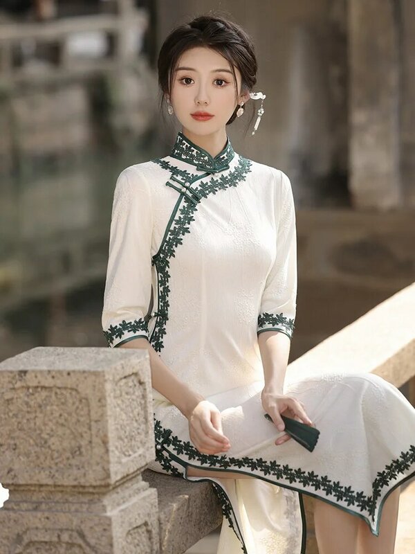FZSLCYIYI aplikacja koronka w stylu Vintage z kołnierzem mandarynkowym rękaw trzy czwarte szyfonowa Qipao chiński Cheongsam suknia ślubna dla kobiet
