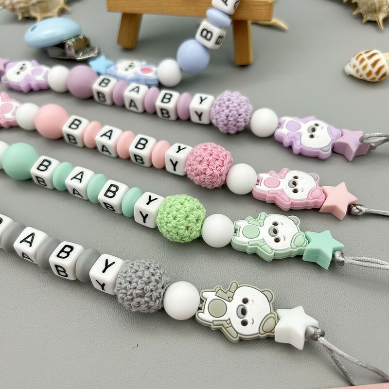 Custom English Russian Letter Name Silicone Girl Pig Pacifier Clip Chain Teether Pendant for Baby Pacifier Kawaii Teether Gifts