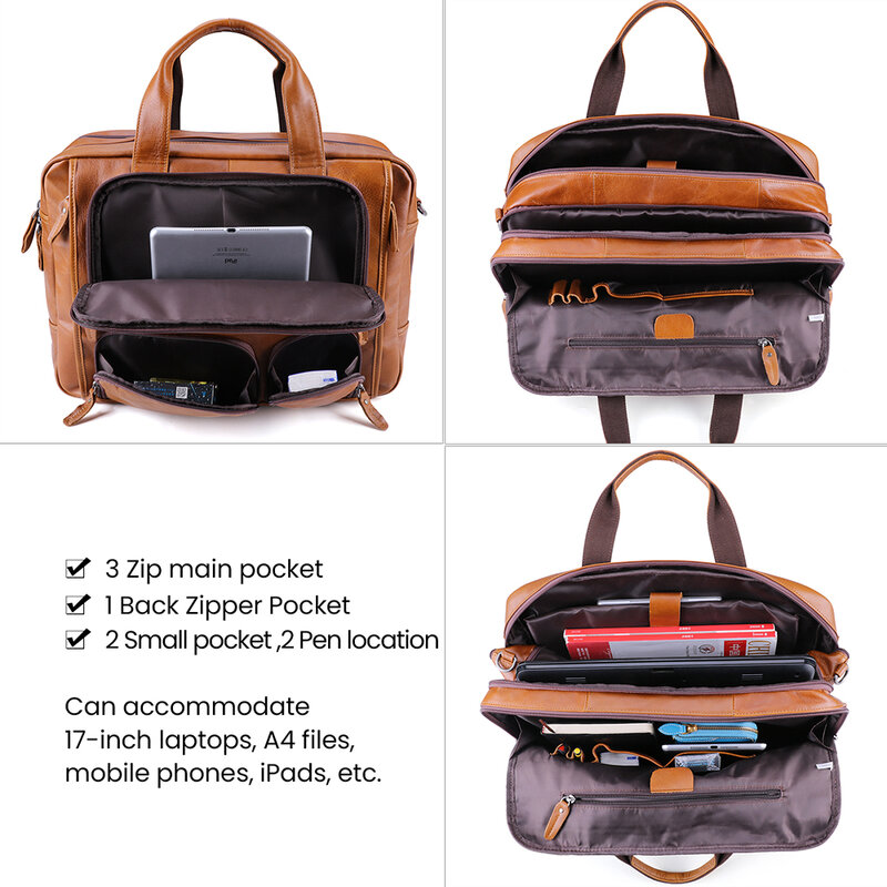 JOGUJOS Genuine Cow Leather Men Briefcase 17" Laptop Handbag Business Tote Shoulder Crossbody Bag Handbags Travel Bag for Male