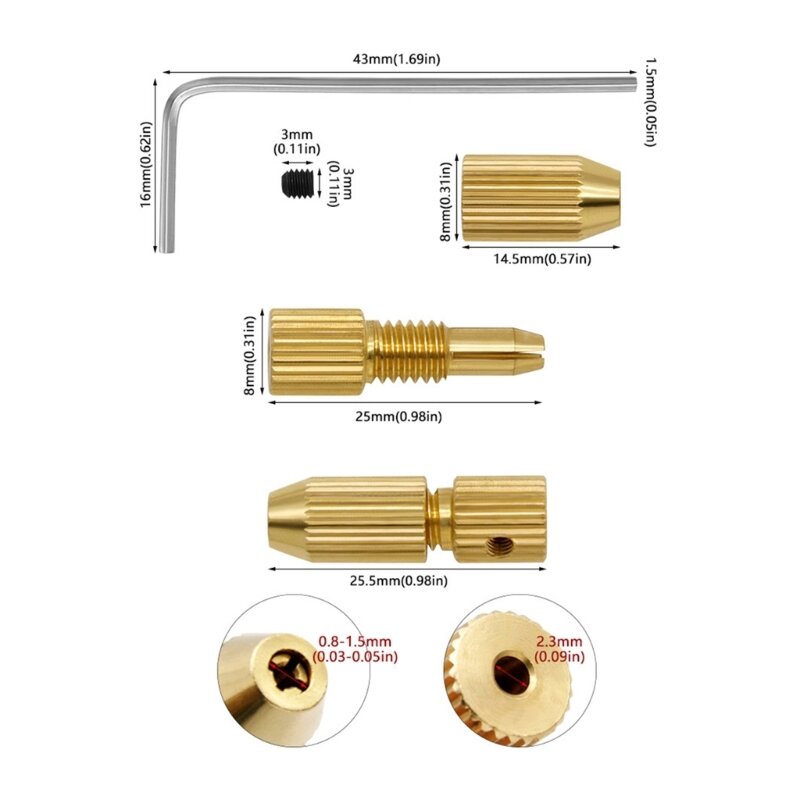 Micro broca Chuck Clip Fixação Grampos, Mini Brass Set para 2.3mm Rotary Motor Elétrico Eixos, 0.8mm-1.5mm